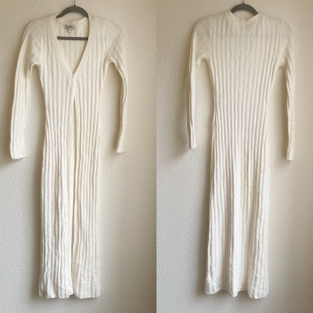 Bebe Y2K Angora Maxi Duster Ribbed Cardigan Sweater in Snow Ivory